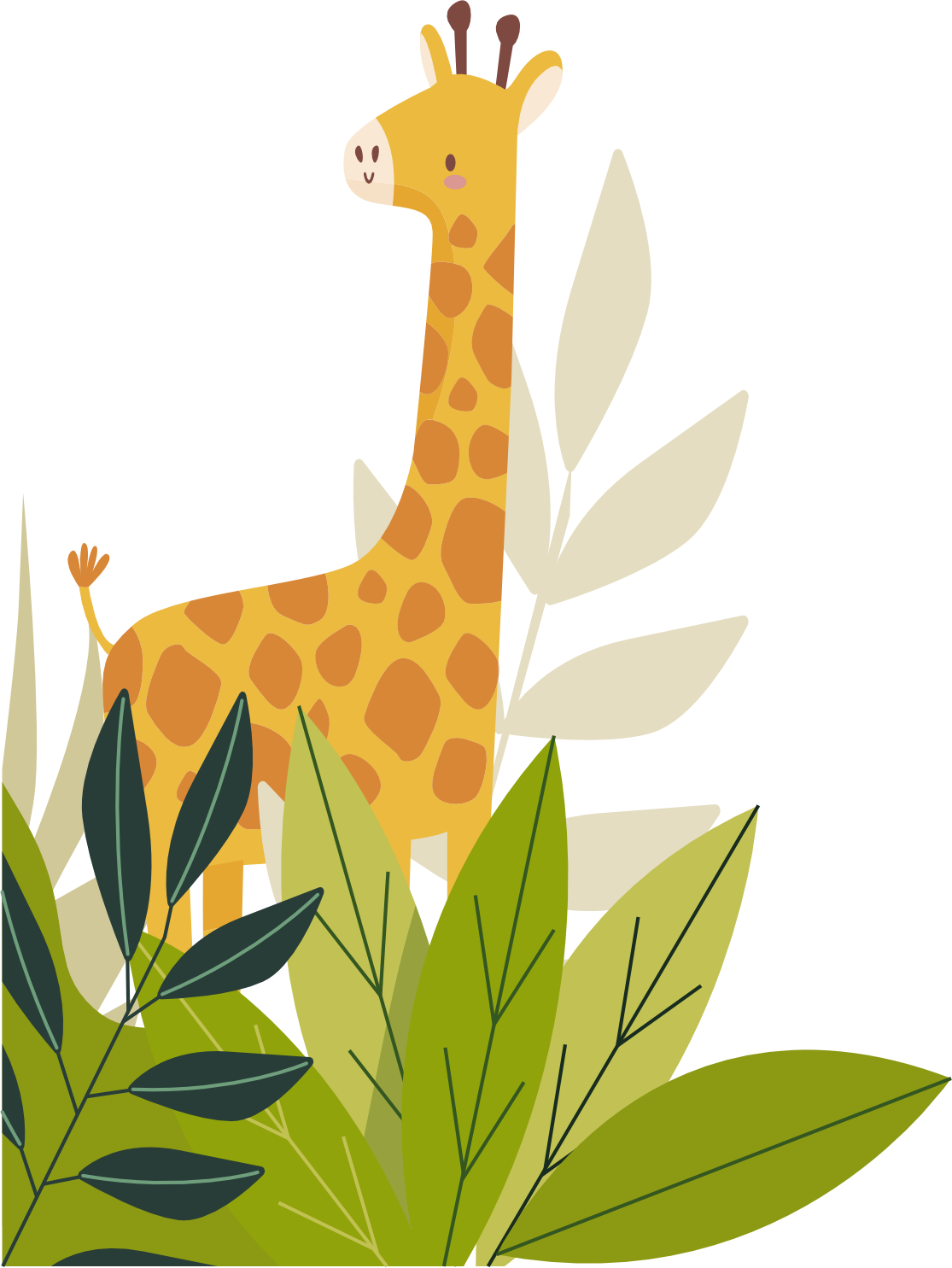 Friendly giraffe with jungle leaves
