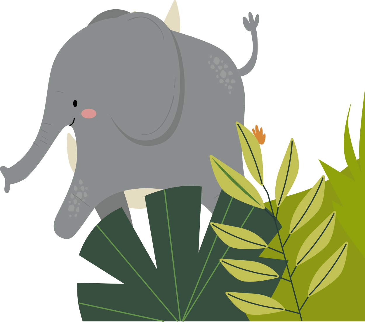Playful elephant with tropical foliage