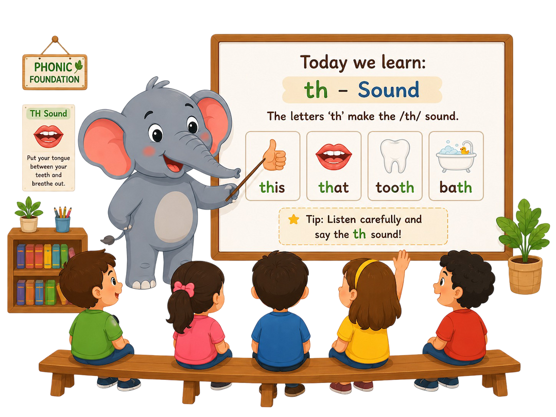 Ellie the elephant reading a book — Sound Safari Academy Level 1 Phonics Foundation mascot