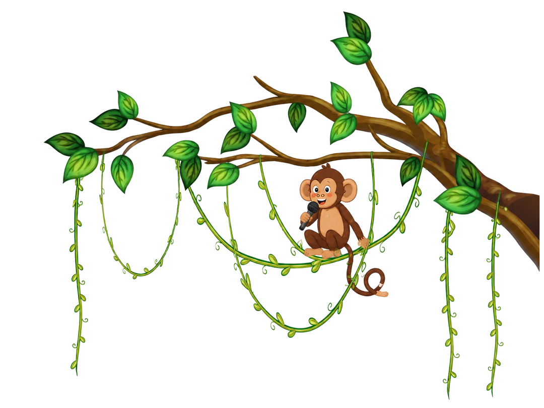 Milo the monkey hanging from a tree branch — Sound Safari Academy Level 3 Public Speaking mascot