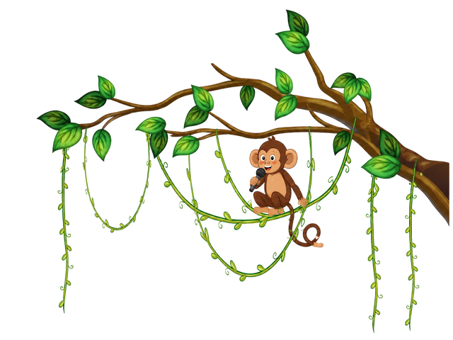 Milo the monkey hanging from a tree branch — Sound Safari Academy Level 3 Public Speaking mascot